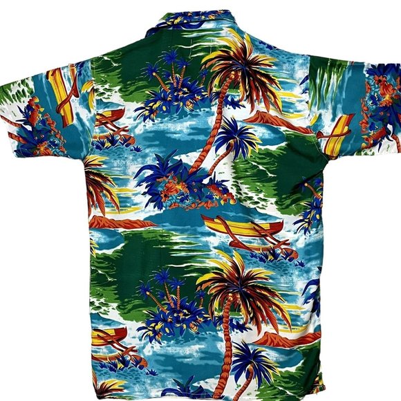 Waikiki Creations Bright Island Print Silky Men's Short Sleeve Hawaiian Shirt L - Picture 2 of 6